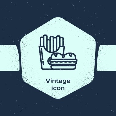 Grunge hattı Burger ve karton paket kutusu simgesi mavi arka plan üzerinde izole patates kızartması. Hamburger, çizburgerli sandviç. Fast food menüsü. Tek renkli vintage çizim. Vektör İllüstrasyonu
