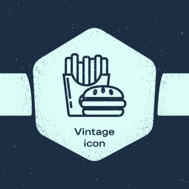 Grunge hattı Burger ve karton paket kutusu simgesi mavi arka plan üzerinde izole patates kızartması. Hamburger, çizburgerli sandviç. Fast food menüsü. Tek renkli vintage çizim. Vektör İllüstrasyonu