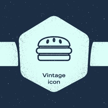 Grunge hattı Burger simgesi mavi arka plan üzerinde izole. Hamburger simgesi. Cheeseburger sandviç işareti. Fast food menüsü. Tek renkli vintage çizim. Vektör İllüstrasyonu