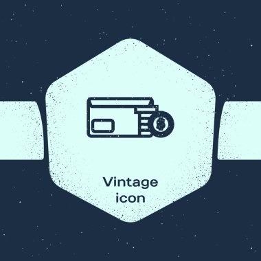 Grunge hattı Mavi arka plan üzerinde izole sikke dolar sembolü simgesi ile Zarf. Maaş artışı, maaş bordrosu, tazminat geliri. Tek renkli vintage çizim. Vektör İllüstrasyonu