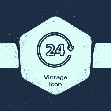 Grunge line Saat 24 saat simgesi mavi arka plan üzerinde izole. Tüm gün döngüsel simge. 24 saat hizmet sembolü. Tek renkli vintage çizim. Vektör İllüstrasyonu