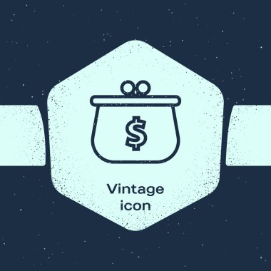 Grunge hattı Büyüteç cam küre simgesi mavi arka plan üzerinde izole ile. Dünyayı analiz etmek. Genel arama işareti. Tek renkli vintage çizim. Vektör İllüstrasyonu