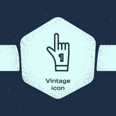 Grunge hattı 1 numaralı bir fan el eldiveni mavi arka plan üzerinde izole parmak yükseltilmiş simge. Yarışmalarda takım desteğinin sembolü. Tek renkli vintage çizim. Vektör İllüstrasyonu