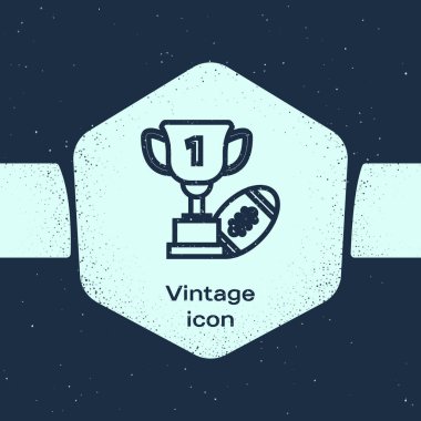 Grunge hattı Ödül kupası ve Amerikan futbol topu simgesi mavi arka plan izole. Kazanan kupa sembolü. Şampiyonluk ya da yarışma kupası. Tek renkli vintage çizim. Vektör İllüstrasyonu
