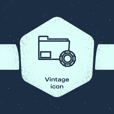 Grunge line Mavi arka planda izole dişlisimgesi ile Klasör ayarları. Yazılım güncellemesi, transfer protokolü, takım çalışması araç yönetimi, kopyalama işlemi. Tek renkli vintage çizim. Vektör İllüstrasyonu