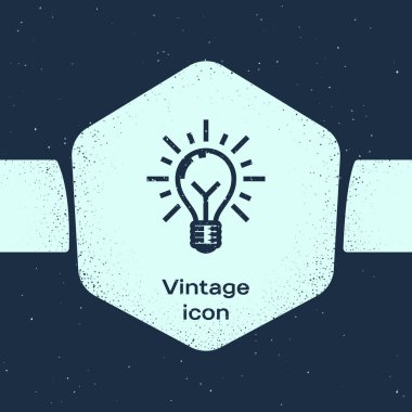 Işınlar parlaklık ve fikir simgesi kavramı mavi arka plan üzerinde izole ile Grunge hattı Ampul. Enerji ve fikir sembolü. İlham kavramı. Tek renkli vintage çizim. Vektör İllüstrasyonu