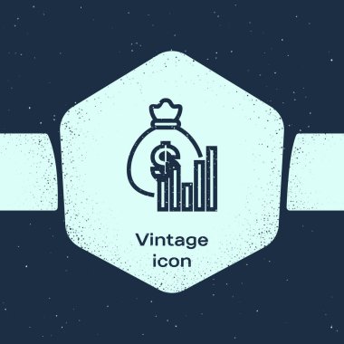Grunge line Para çantası ve diyagram grafik simgesi mavi arka plan üzerinde izole. Finansal analiz, bütçe planlaması, finans idarecileri. Tek renkli vintage çizim. Vektör İllüstrasyonu