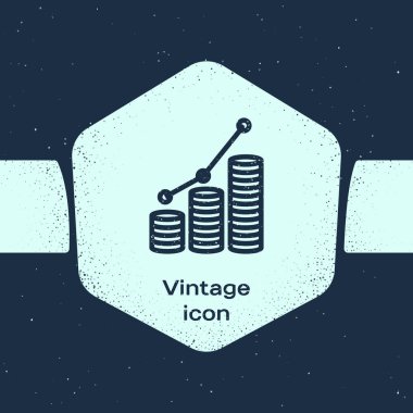 Grunge line Pie grafik infografik ve sikke simgesi mavi arka plan üzerinde izole. Diyagram grafik işareti. Tek renkli vintage çizim. Vektör İllüstrasyonu