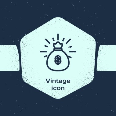 Grunge hattı Para çantası simgesi mavi arka plan üzerinde izole. Dolar veya Usd sembolü. Nakit Bankacılık para birimi işareti. Tek renkli vintage çizim. Vektör İllüstrasyonu
