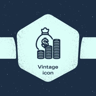 Grunge hattı Para çantası ve sikke simgesi mavi arka plan üzerinde izole. Dolar veya Usd sembolü. Nakit Bankacılık para birimi işareti. Tek renkli vintage çizim. Vektör İllüstrasyonu