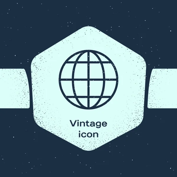 Grunge ligne icône globe terrestre isolé sur fond bleu. Monde ou signe de la Terre. Symbole Internet mondial. Des formes géométriques. Dessin vintage monochrome. Illustration vectorielle — Image vectorielle