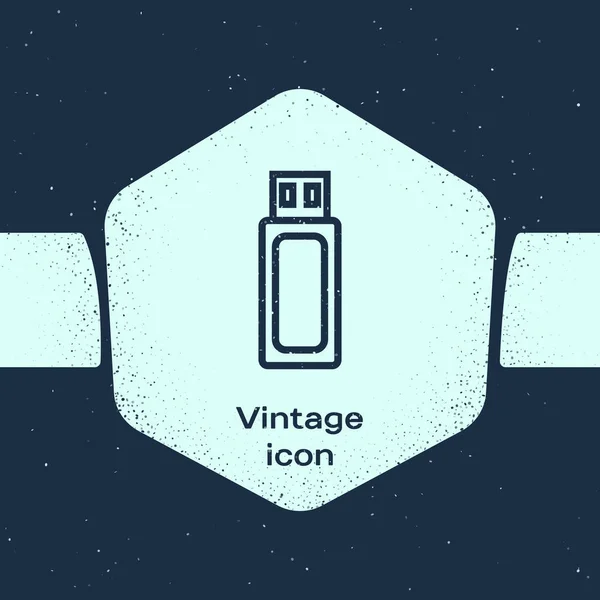 Línea Grunge USB icono de la unidad flash aislado sobre fondo azul. Dibujo vintage monocromo. Ilustración vectorial — Archivo Imágenes Vectoriales