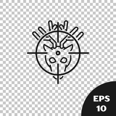 Siyah Hunt şeffaf arka plan üzerinde izole artı işareti simgesi ile geyik üzerinde. Geyik ve hedef ile Avcılık kulübü logosu. Tüfek lensi bir geyiği hedef aldı. Vektör İllüstrasyonu