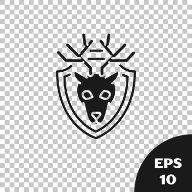 Şeffaf arka plan üzerinde izole kalkan simgesi boynuzları ile Siyah Geyik kafası. Duvarda av ganimeti. Vektör İllüstrasyonu