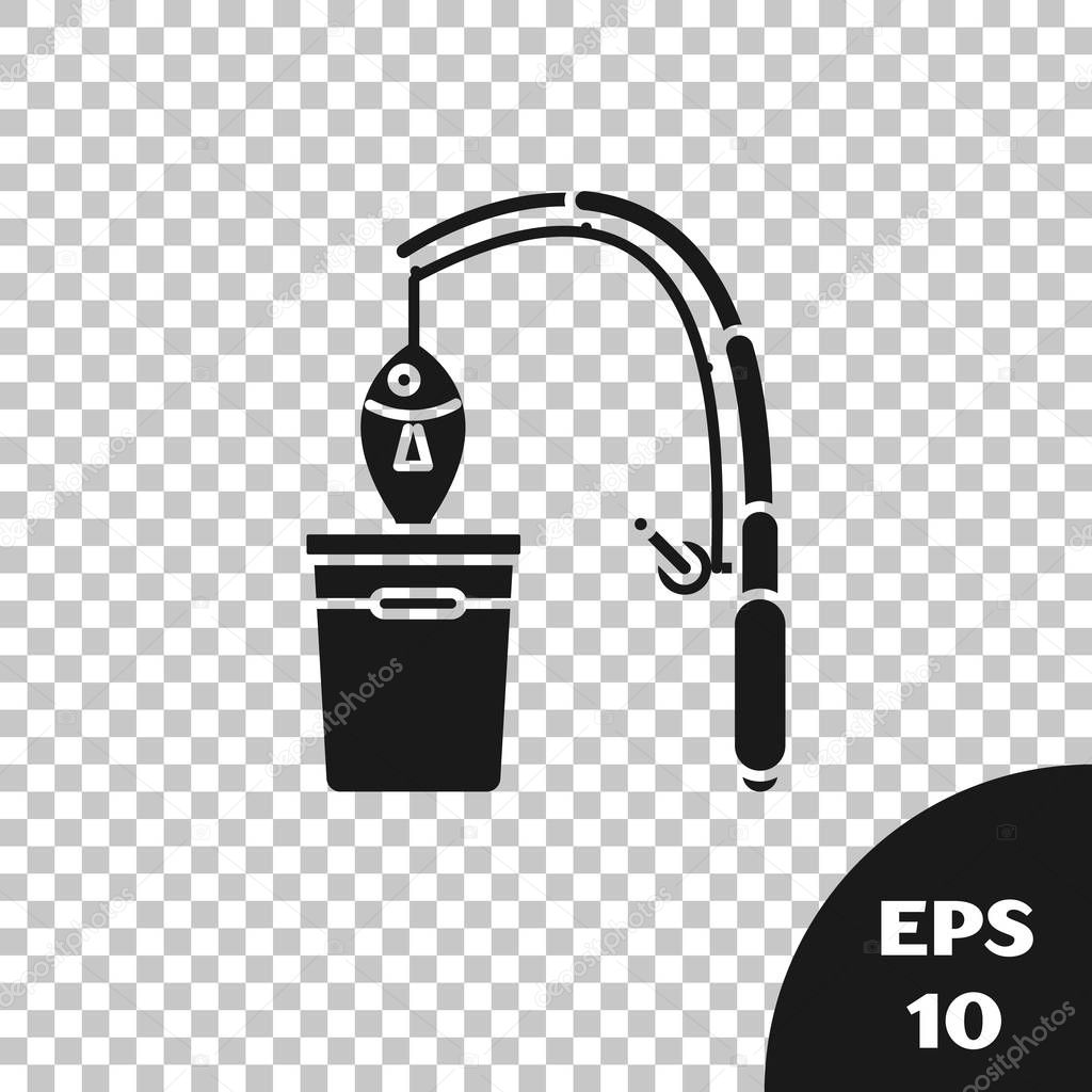 Black Fishing rod and fish icon isolated on transparent background. Put fish into a bucket. Fishing equipment and fish farming topics. Vector Illustrationn