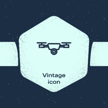 Grunge hattı Drone mavi arka plan üzerinde izole aksiyon video kamera simgesi ile uçan. Video ve fotoğraf makinesi sembolü ile Quadrocopter. Tek renkli vintage çizim. Vektör İllüstrasyonu