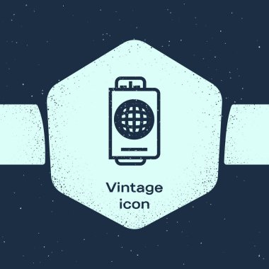 Mavi arka plan üzerinde izole bilet simgesi ile Grunge hattı Passport. Kimlik belgesi. Konsept seyahat ve turizm. Tek renkli vintage çizim. Vektör İllüstrasyonu