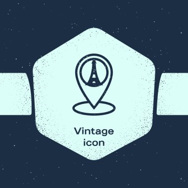 Mavi arka plan üzerinde izole Eyfel kule simgesi ile Grunge hattı Harita işaretçisi. Fransa Paris dönüm noktası sembolü. Tek renkli vintage çizim. Vektör İllüstrasyonu