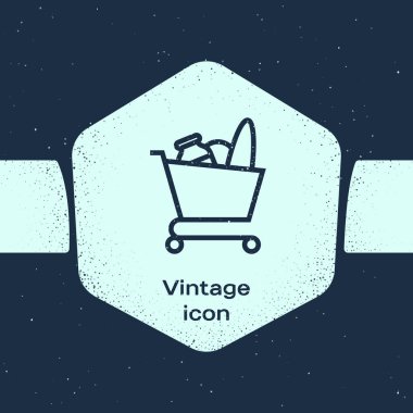 Grunge hattı Alışveriş sepeti ve mavi arka plan üzerinde izole gıda simgesi. Yiyecek dükkanı, süpermarket. Tek renkli vintage çizim. Vektör İllüstrasyonu