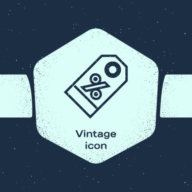 Grunge satırı İndirim yüzde etiket simgesi mavi arka plan üzerinde izole. Alışveriş etiketi işareti. Özel teklif işareti. İndirim kuponları sembolü. Tek renkli vintage çizim. Vektör İllüstrasyonu