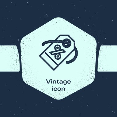 Grunge satırı İndirim yüzde etiket simgesi mavi arka plan üzerinde izole. Alışveriş etiketi işareti. Özel teklif işareti. İndirim kuponları sembolü. Tek renkli vintage çizim. Vektör İllüstrasyonu