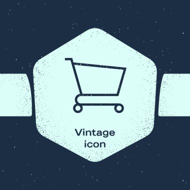 Grunge hattı Mavi arka planda yalıtılmış Alışveriş sepeti simgesi. Online satın alma konsepti. Teslimat hizmeti işareti. Süpermarket sepeti sembolü. Tek renkli vintage çizim. Vektör İllüstrasyonu