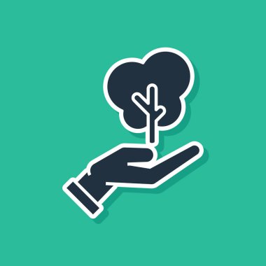 Yeşil arka plan üzerinde izole çevre koruma simgesi elinde Mavi Ağaç. Tohum ve fide. Fidan dikimi. Ekoloji kavramı. Vektör İllüstrasyonu