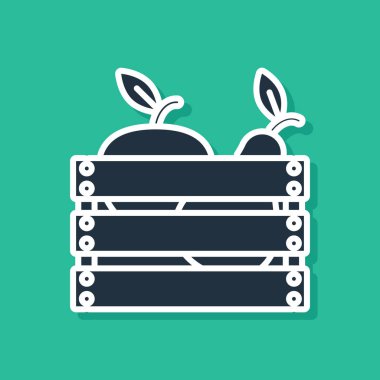 Yeşil arka plan üzerinde izole meyve ve sebze simgesi için Mavi Ahşap kutu. Vektör İllüstrasyonu