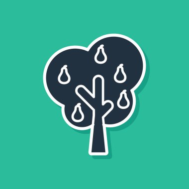 Yeşil arka planda izole armut simgesi ile Mavi Ağaç. Tarım tesisi. Organik tarım ürünleri. Bahçe teması. Vektör İllüstrasyonu