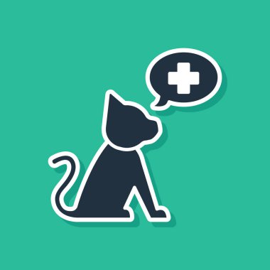 Mavi Veteriner kliniği sembol simgesi yeşil arka plan üzerinde izole. Kedi veteriner bakımı ile çapraz. Pet İlk Yardım işareti. Vektör İllüstrasyonu