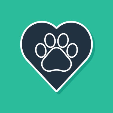 Mavi Kalp hayvanlar ayak izi simgesi yeşil arka plan üzerinde izole ile. Kalbinde evcil hayvan pençesi. Hayvanlara sevgiler. Vektör İllüstrasyonu