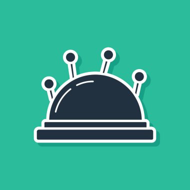 Mavi İğne yatak ve iğneler simgesi yeşil arka plan üzerinde izole. El yapımı ve dikiş teması. Vektör İllüstrasyonu