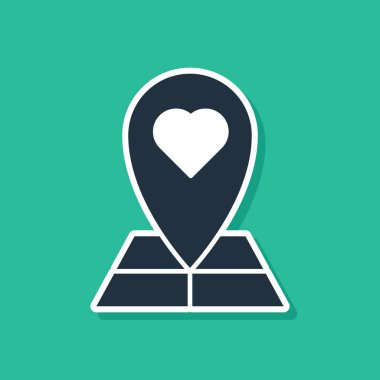 Yeşil arka planda izole edilmiş kalp simgesine sahip Mavi Harita işaretçisi. Sevgililer günü. Aşk yeri. Romantik harita iğnesi. Vektör İllüstrasyonu