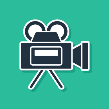 Mavi Sinema kamera simgesi yeşil arka plan üzerinde izole. Video kamera. Film tabelası. Film projektörü. Vektör İllüstrasyonu