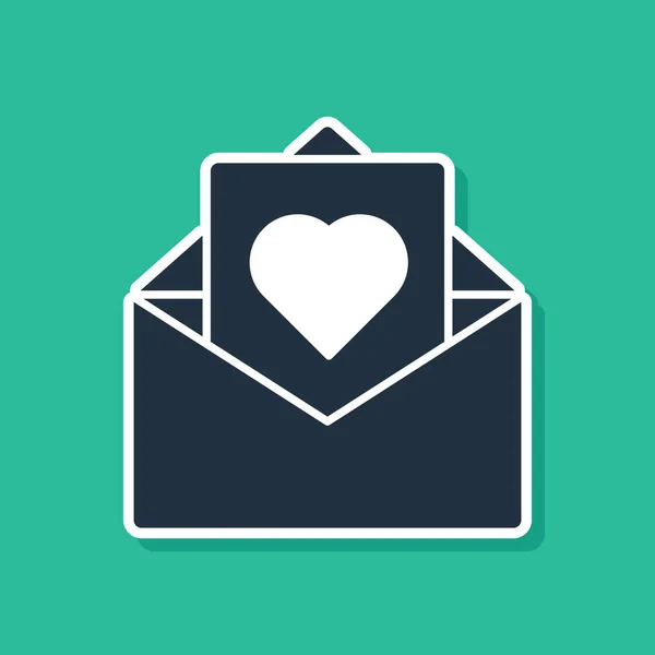 Blått kuvert med Valentine Heart ikon isolerad på grön bakgrund. Budskap kärlek. Brev kärlek och romantik. Vektor illustration — Stock vektor