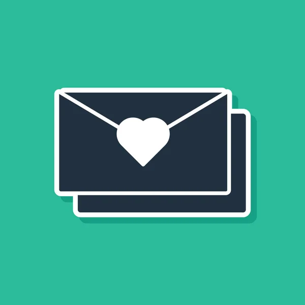 Niebieska koperta z ikoną serca Valentine wyizolowaną na zielonym tle. Wiadomość miłość. List miłość i romans. Ilustracja wektorowa — Wektor stockowy