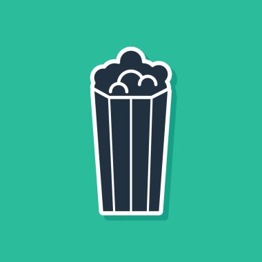Mavi Popcorn karton kutu simgesi yeşil arka planda izole. Patlamış mısır kutusu. Vektör Illustration