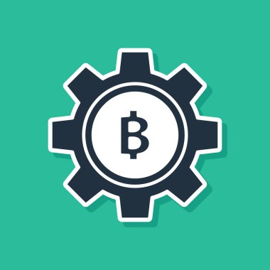 Mavi Cryptocurrency sikke Bitcoin simgesi yeşil arka plan üzerinde izole. Dişli ve Bitcoin ayarı. Blockchain tabanlı güvenli kripto para birimi. Vektör İllüstrasyonu