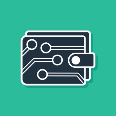 Mavi Cryptocurrency cüzdan simgesi yeşil arka planda yalıtılmış. Cüzdan ve bitcoin işareti. Madencilik konsepti. Para, ödeme, nakit, ödeme simgesi. Vektör İllüstrasyonu