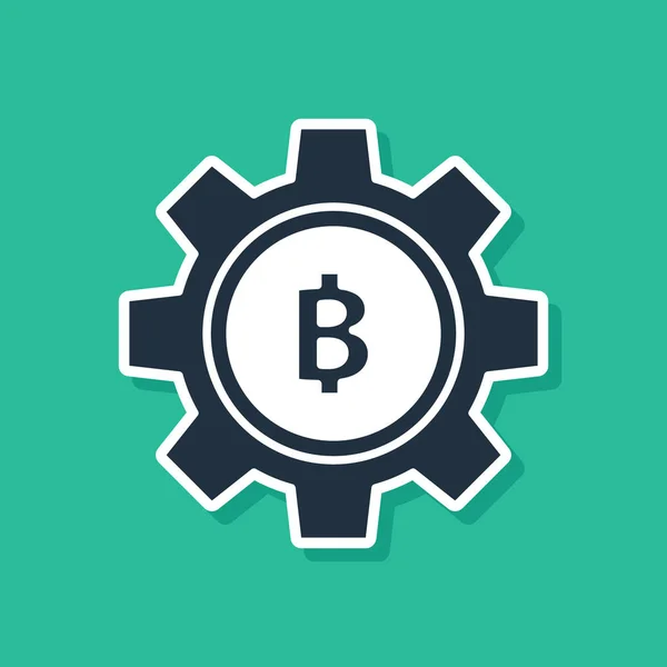 Moeda criptomoeda azul ícone Bitcoin isolado no fundo verde. Configuração de engrenagem e Bitcoin. Blockchain baseado em moeda criptomoeda segura. Ilustração vetorial —  Vetores de Stock