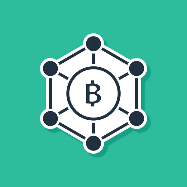 Синя технологія Blockchain-піктограма Bitcoin, ізольована на зеленому фоні. Абстрактно-геометрична мережа мережевих технологій. Векторна ілюстрація — стоковий вектор