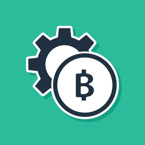 Moneda azul criptomoneda Icono de Bitcoin aislado sobre fondo verde. Ajuste de engranajes y Bitcoin. Blockchain basado en criptomoneda segura. Ilustración vectorial — Vector de stock