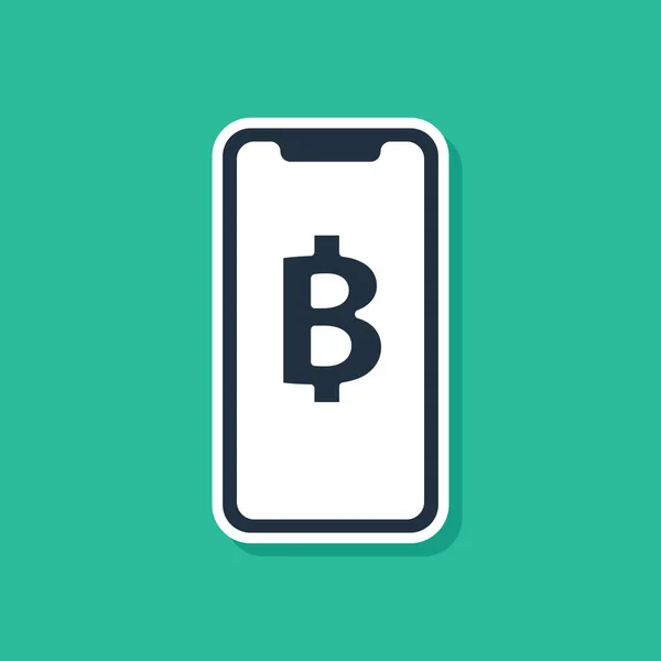 Blue Phone móvil y criptomoneda moneda Bitcoin icono aislado sobre fondo verde. Una moneda física. Blockchain basado en criptomoneda segura. Ilustración vectorial — Vector de stock