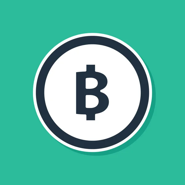 Crypto-monnaie bleue icône Bitcoin isolé sur fond vert. Pièce de monnaie physique. Blockchain basé crypto-monnaie sécurisée. Illustration vectorielle — Image vectorielle