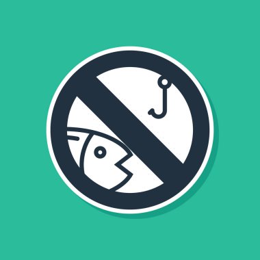 Mavi Yeşil arka planda izole edilmiş balıkçılık simgesi yok. Yasaklama işareti. Vektör İllüstrasyonu