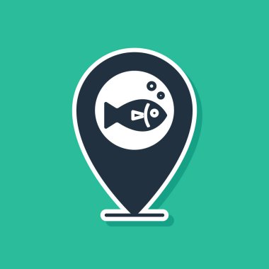 Mavi Konum balıkçılık simgesi yeşil arka planda yalıtılmış. Balıkçı yeri. Vektör İllüstrasyonu