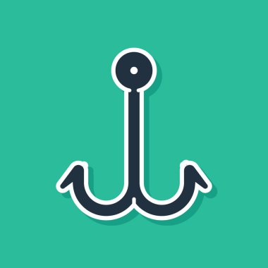 Mavi Olta kancası simgesi yeşil arka planda izole edilmiştir. Olta takımı. Vektör İllüstrasyonu