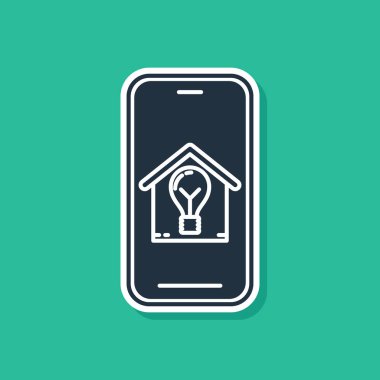 Akıllı ev ve yeşil arka plan üzerinde izole ampul simgesi ile Mavi Cep telefonu. Vektör İllüstrasyonu