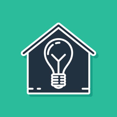 Mavi Akıllı ev ve ampul simgesi yeşil arka plan üzerinde izole. Vektör İllüstrasyonu