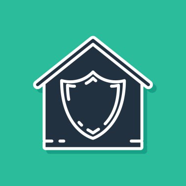 Mavi Ev koruma simgesi altında yeşil arka plan üzerinde izole. Koruma, güvenlik, güvenlik, koruma, savunma konsepti. Vektör İllüstrasyonu